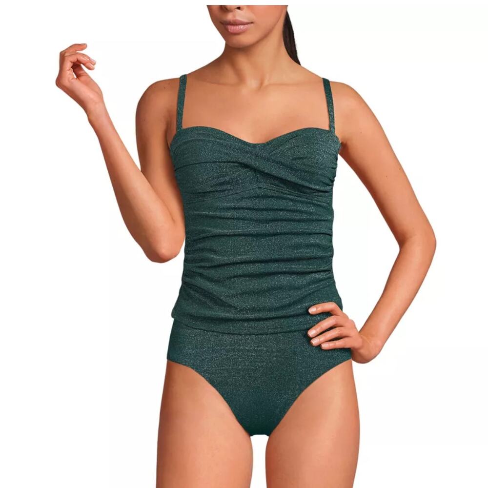 Lands' End Women's Shine Wrap Bandeau Tankini Swimsuit Top Shimmer Green Size 8